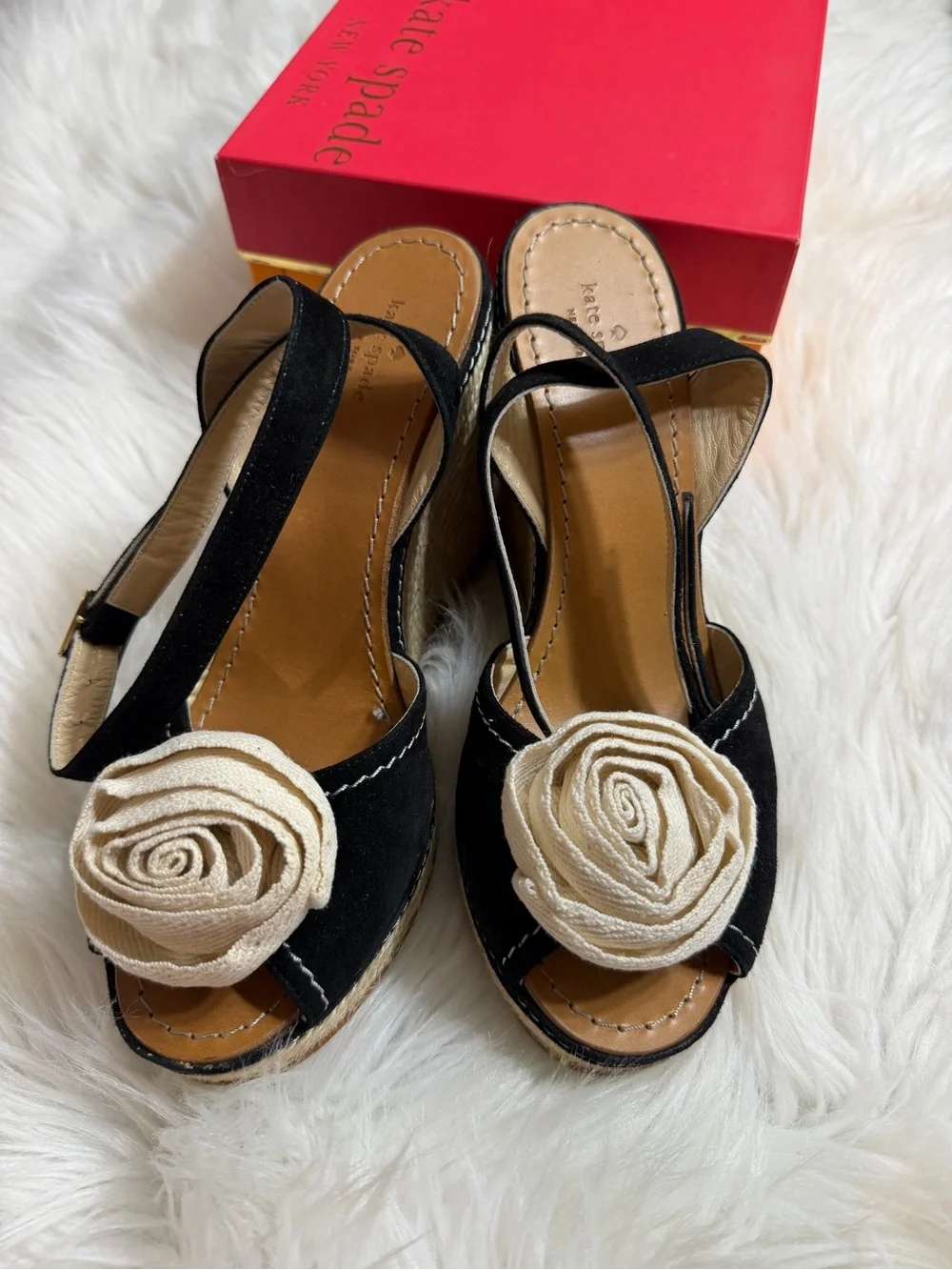 Kate Spade Black Suede Wedge Sandals with Cream Rosette 10.5